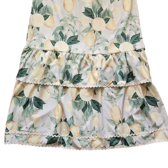 Maxi Dress Sz L Green Yellow Lemons One Shoulder Tiered Rick Rack Trim Summer - Picture 3 of 10